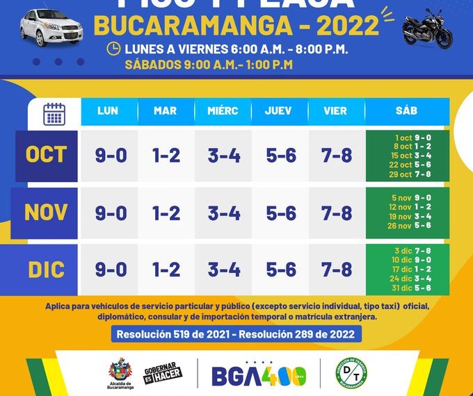 El 1 de octubre rota el pico y placa en Bucaramanga