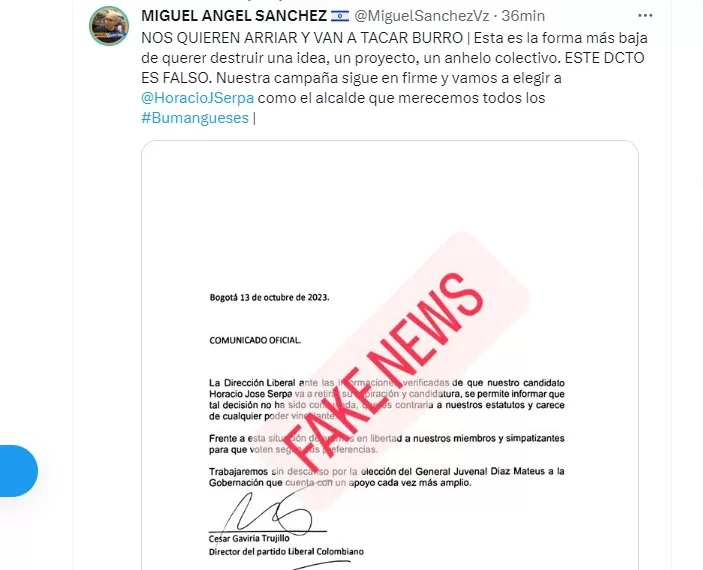 Es falsa la información sobre el retiro del apoyo a Serpa en Bucaramanga:  Miguel Sánchez